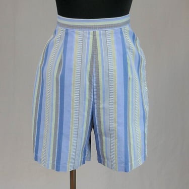 60s Striped Shorts - 29" waist - Blue Gray Green - High Rise - Side Metal Zipper - Vintage 1960s - M 