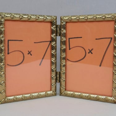 Vintage Hinged Double Picture Frame - Unusual Chunky Design - Gold Tone Metal w/ Glass - Holds Two 5