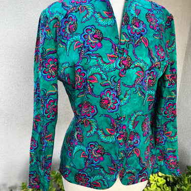 Vintage preppy silk jacket top emerald green blue design size 10 by Adrianna Papell 