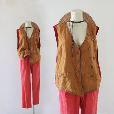 linen vest-top - m - vintage 80s 90s womens brown tan sleeveless shirt blouse top size medium 