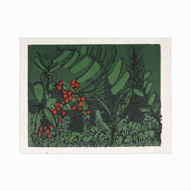 Vintage Serigraph on Paper Foliage Flowers Print Green Plants 