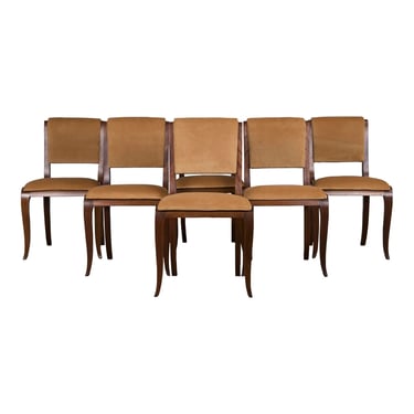 1930s French Art Deco Walnut Dining Chairs W/ Beige Velvet - Set of 6 