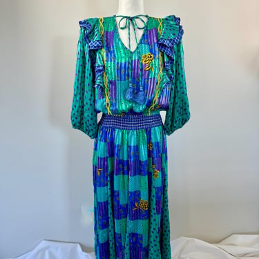 1980s Jaymee Papell Green/Blue Abstract Print Dress 