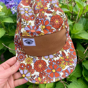 Handmade 5 Panel Camp Hat, Flower Power Baseball Cap, Moldable Brim five panel hat, Snap Back, 5panel hat, gift for her, in Rust and Lilac 