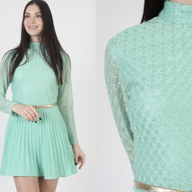 Vintage 70s Mint Grecian Dress, Textured Long Sleeve Jersey Bodice, Sweeping Accordion Pleated Cocktail Mini Frock 