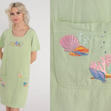 Beach Dress Y2k Green Mini Dress Embroidered Fish Starfish Shell Coral Short Sleeve Rhinestone Shift Summer Day Cotton Vintage 00s Medium M 