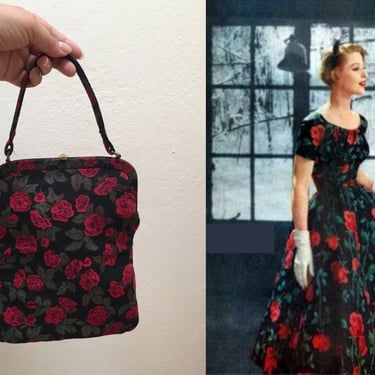 Rose in Spanish Harlem - Vintage 1950s Red & Black Rose Fabric Tall Slender Handbag Purse 