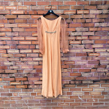 vintage 60s/70s orange rhinestone empire waist gown / xs extra small 