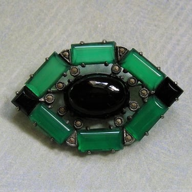 Antique 1920's Art Deco Sterling Marcasite and Onyx Pin, Sterling Wachenheimer Brooch Pin, Antique Deco Chrysoprase Pin (#3959) 
