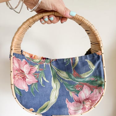 Vintage 1940s Wicker Rattan Basket Purse with floral fabric / Knitting Bag 