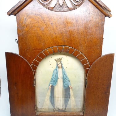 Antique Nicho Altar Shrine with Print of Mother Mary, Vintage Religious Art 