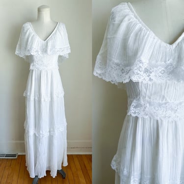 Vintage 1980s Cotton Gauze Peasant Maxi Dress / Wedding Dress // S 