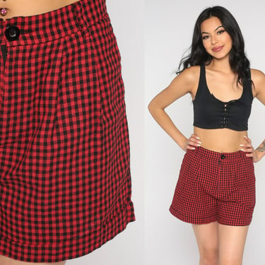 90s Gingham Shorts Red Black Trouser Shorts High Waisted Retro Pleated Shorts 1990s Trouser Shorts Vintage Checkered Small S 