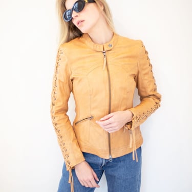Vintage Y2K Nude Leather Bomber Jacket with Lace Up Studded Sleeves Leather Moto Y2K Rave XS S Tan 