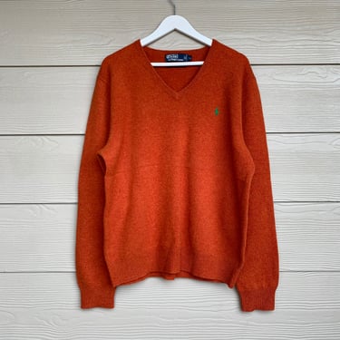 RALPH LAUREN POLO Sweater Orange Lambswool Knit Vintage 90s Womens Vneck Preppy Minimalist Fall Winter Holiday Large 