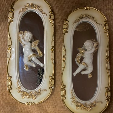 Set 2 Oval Cherub Wall Mirror Plaques 