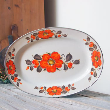 Large vintage enamelware platter / painted oval platter Show Pans Sanko Ware / orange floral large serving dish / retro kitchenware 