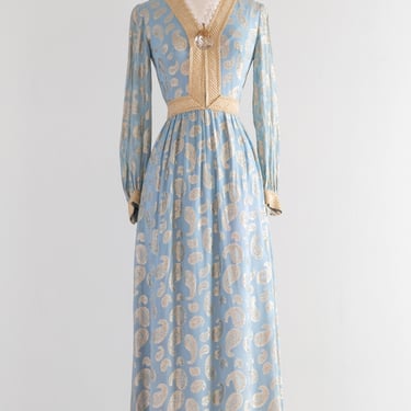 Fabulous Early 1970's Metallic Gold Lame & Pale Blue Chiffon Bohemian Evening Dress / Small