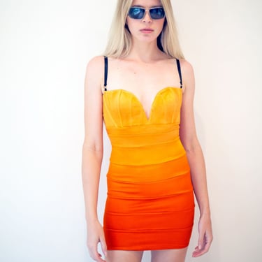 Vintage Y2K Designer Sunset Gradient Orange Bustier Dress by Mark Wong Nark XS S Copper Ombre Bodycon 2000s 