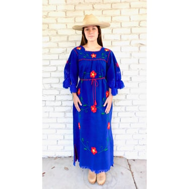 Hand Embroidered Dress // vintage 70s 1970s boho hippie blue maxi Mexican hippy // S/M 