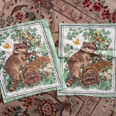 Vintage 1970’s block print fabric squares, 2 available | 70’s raccoons nature woodland cottage core home 