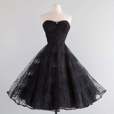 1950's Black Widow Black Strapless Party Dress With Glitter Galaxies / Small