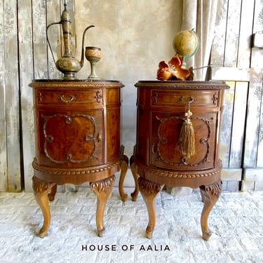 French Nightstands | Old World Vintage Bedside Tables | Burled Wood | Inlays | High End Tables 