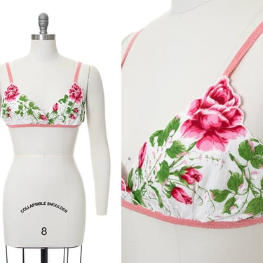 Vintage 1950s Bralette | 50s Rose Floral Print Hankie Handkerchief Pink White Cotton Triangle Bra (xs/small/medium) 