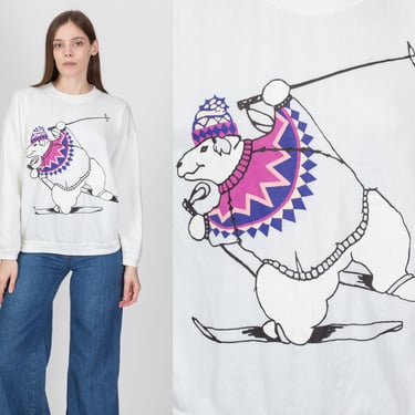 Vintage Skiing Polar Bear Sweatshirt - Large | 80s 90s Graphic Animal Pullover 