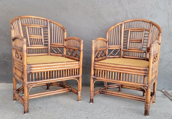 Pair of Bamboo Lounge Chairs With Cane Seats 