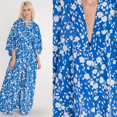 Blue Floral Kimono 80s Long Robe Open Front Maxi Jacket Japanese Full Length House Coat Flower Print Cotton Vintage 1980s Extra Large xl 