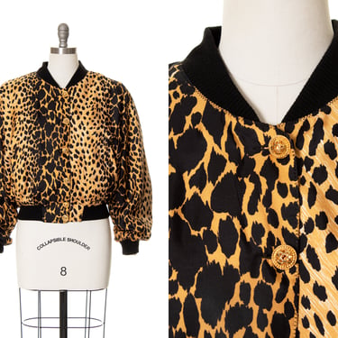 Vintage 1980s 1990s Bomber Jacket | 80s 90s Silk Leopard Animal Print Coat (medium/large) 