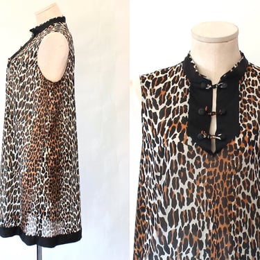 1960s Vanity Fair Leopard Print A-Line Nightgown - 60s Vintage Mandarin Collar Chinese Knot Button Pajamas - Medium 