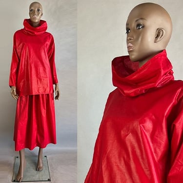 1970s Geoffrey Beene Set / Red Polished Cotton Skirt and Tunic / Designer Deadstock / Size Medium 