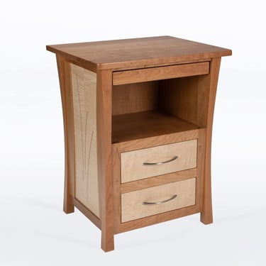 Nightstand With Two Drawers And Pull-Out Shelf in Cherry and Curly Maple "River Rushes" 