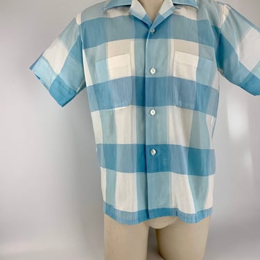 1960's Plaid Shirt - Loop Collar - NATIONAL Shirt Shops - Poly Blend - Large Block Plaid - Men's Size Medium 