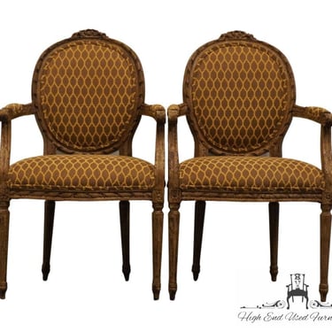 Set of 2 HIGH END Rustic European Shabby Chic Style Antiqued Round Back Upholstered Dining Arm Chairs 