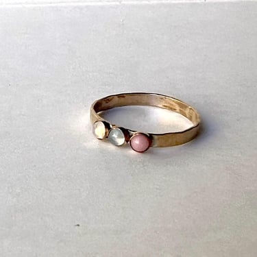 Three Stone Trio Ring on Hammered Flat 14k Goldfilled Band Pink Opal Aquamarine and Moonstone 