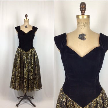 Vintage 80s dress | Vintage black velvet gold lace cocktail dress | 1980s Jessica McClintock Gunne Sax dress 