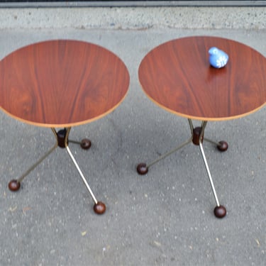 2 Teak, Walnut & Brass Atomic Round Side Tables in the Style of Albert Larsson