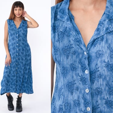 90s Floral Dress Blue Grunge Ankle Length Midi Sundress Button Up Boho Rayon 1990s Collared Dress Barn Vintage Sheath Sleeveless Medium 8 