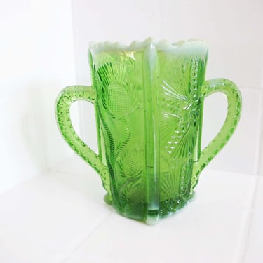 Vintage Green Opalescent Molded Glass Vase - Double Handle Amphora Flower Vase - Jefferson - Cottagecore Gift 