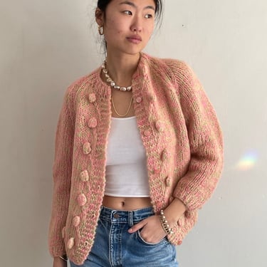 50s hand knit mohair cardigan / vintage Italian blush pink green space dyed soft chunky mohair raglan hand knit popcorn cardigan sweater | M 