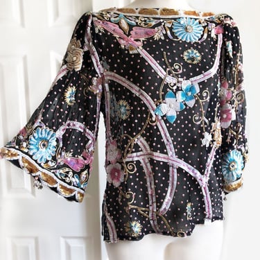 1970’s SWEE LO Black Silk Beaded Sequin Tunic Blouse Shirt, Metal BELL Charms, vintage, Hippie Boho Top Festival Pink Jewels, 1980's Floral 