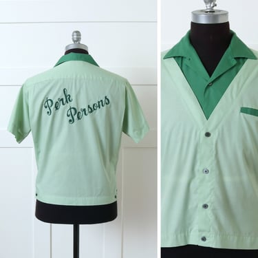 mens vintage 1960s 70s bowling shirt • two-tone retro green Perk Persons chainstitch rockabilly shirt 