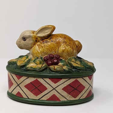 Vintage Rabbit Bunny Ceramic Lidded Container Jar Whimsical Forest Home Decor Vanity Decorative Dish 