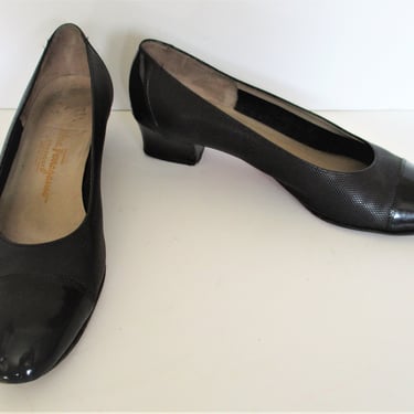 Vintage 1980s Salvatore Ferragamo Low Heel Pumps, Preppy Cap Toe Shoes, Size 9B Women, black leather 