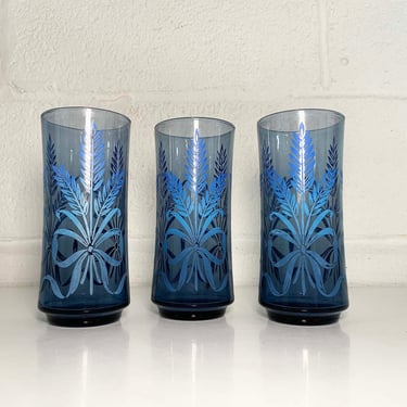 Vintage Libbey Glasses Wheat Blue Tumblers Set of 3 Reed Grasses Retro Glass Barware Cocktail Water 1970s 70s 