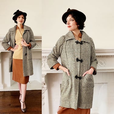 60s Houndstooth Coat Black  and  White Checked Print A Line by Chas A Stevens M 