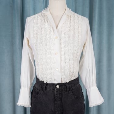 Vintage 1960s Lady Manhattan Tuxedo Blouse with Lace Ruffles and Cocktail Cuffs 